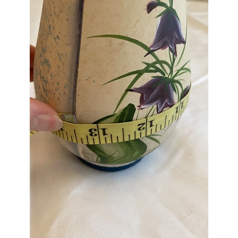 VTG 80s Hand Painted Ceramic Vase Blue Speckled‎ Floral Purple Bell Flowers 9